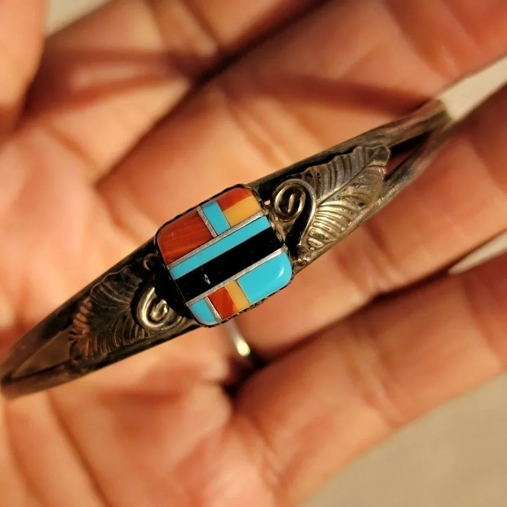 Native American 925 sterling silver square inlay squash blossom vintage bracelet - Picture 3 of 15